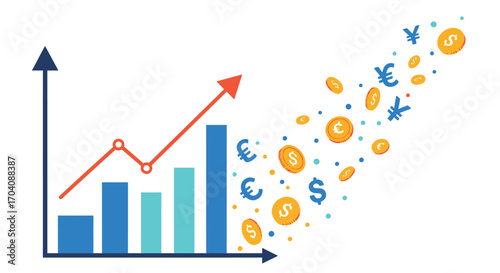 Financial growth illustration showcasing increasing bar chart and currency icons