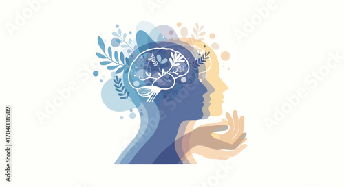 Mental wellness concept with brain silhouette, leaves, and hands offering support and care