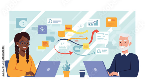 Collaborative business strategy session with diverse professionals using technology