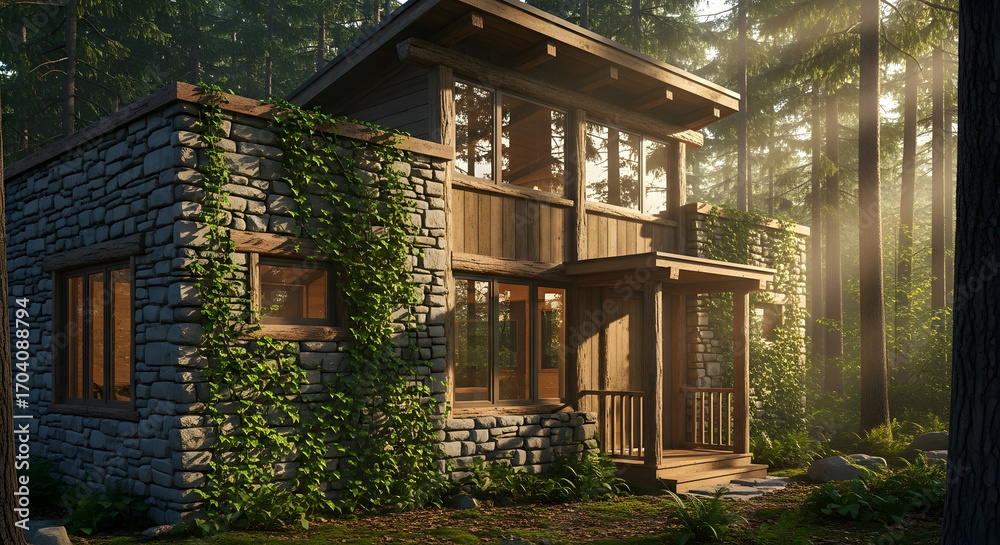 Obraz premium Contemporary modular home facades with natural stone and wood paneling, a serene woodland retreat bathed in warm sunlight