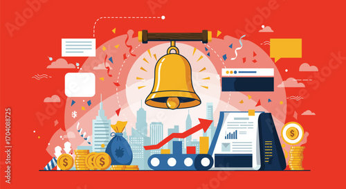 Vibrant conceptual illustration of financial achievement and market launch