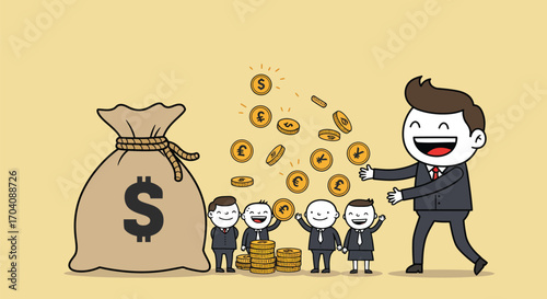 Distributing wealth illustration, cartoon business characters receiving earnings