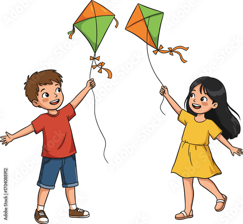 Happy diverse kids flying kites together outdoors on a summer day.