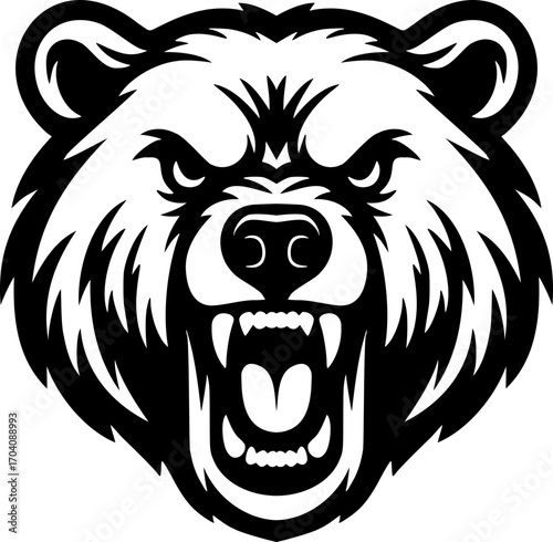 Angry grizzly bear mascot head vector black and white icon isolated illustration image decal design