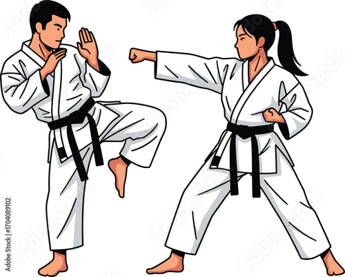 Male and female karate practitioners, martial arts training, black belt fighters, self-defense practice, karate fight stance, martial arts competition, athletic training