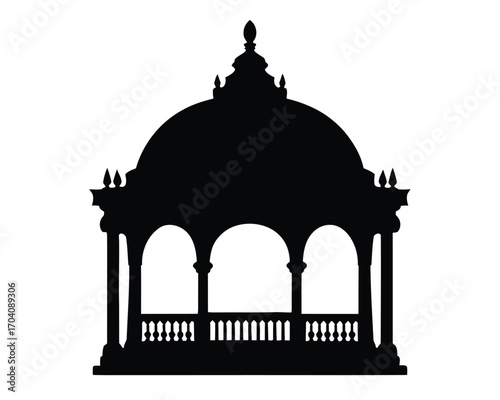 Ornate black silhouette of a Victorian-style garden gazebo or park bandstand, isolated on a white background, representing classic architecture