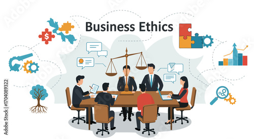 Illustrative depiction of a business ethics discussion with puzzle elements