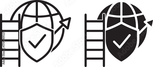 Globe with Shield, Ladder, and Arrow Icon Representing Global Security, Growth, and Success