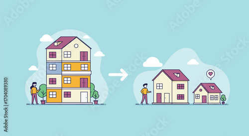 Transitioning homes: Illustration of downsizing from apartment to houses