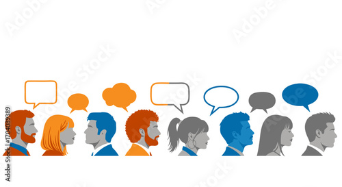 Diverse group of people communicating with colorful speech bubbles representing ideas and conversation