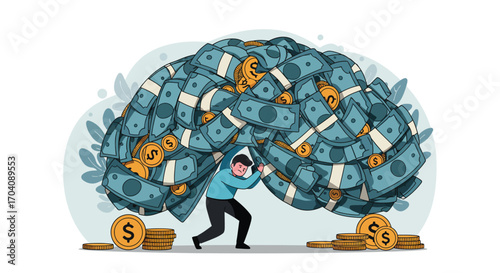 Financial burden: Man struggling under the weight of money debt concept