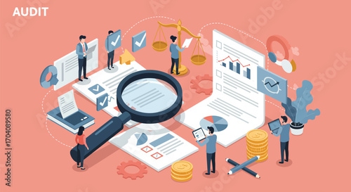 Isometric illustration depicting a financial audit process examination