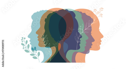 Diverse female profiles merge, symbolizing unity, growth, and collective strength with nature elements