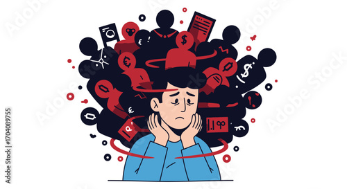 Financial stress and anxiety depicted with looming debt and currency symbols