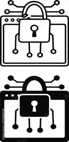 Encryption Icons. Black and White Vector Illustration. Padlock and Application. Process of Encrypting Information to Prevent Unauthorized Access. Password and Data Security Concept

