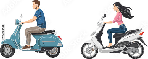 Man and woman riding scooters, stylish casual clothes, urban transportation, modern lifestyle, commuting, electric scooters, travel, freedom, outdoor activity, young adults, city commute