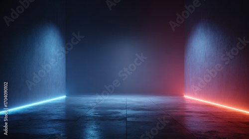 Beautiful photo of 3d technology abstract neon light background, empty space scene, spotlight, dark night, virtual reality, cyber futuristic sci-fi background, street floor.