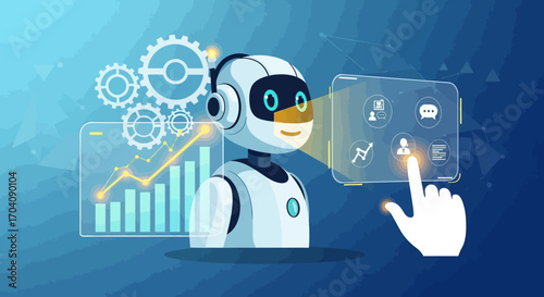 A cartoon robot interacts with a holographic interface displaying data charts and user icons, with gears floating above.
