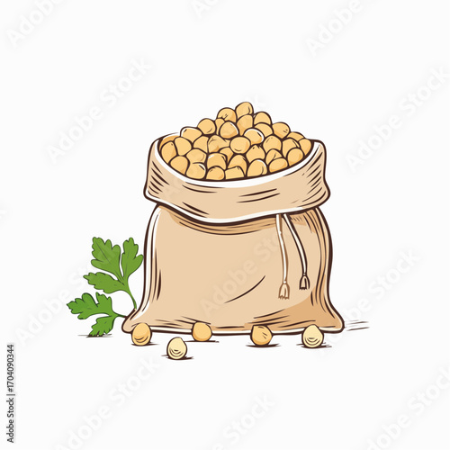 Illustration of a rustic burlap sack overflowing with dried chickpeas, a nutritious legume, isolated on a white background