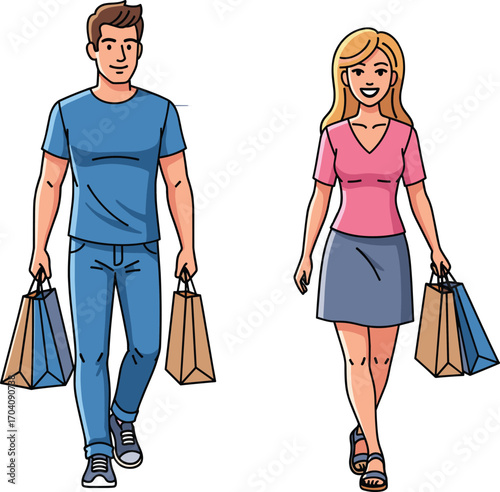Man and woman walking with shopping bags, cartoon illustration, casual outfit, retail therapy, happy shopping couple, vector drawing