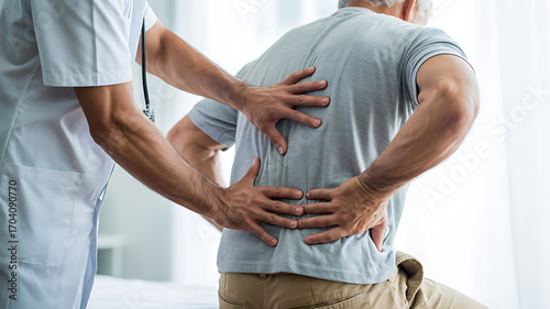Doctor examining a patients back, assessing pain and providing medical care in a clinical setting indoors medical technology