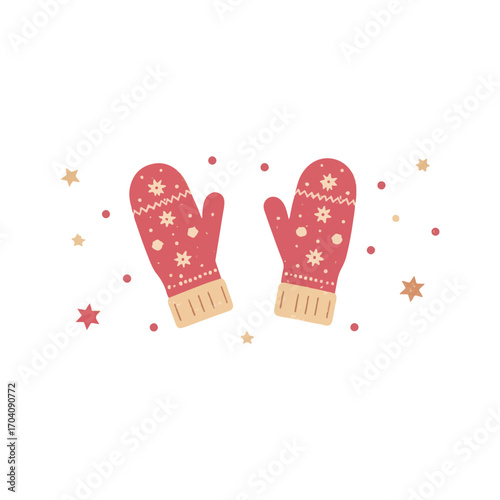Winter red mittens with a pattern on a white background