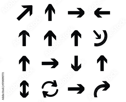 A collection of black silhouette arrow icons pointing in various directions. Vector graphic set for navigation, pointers, and user interface elements