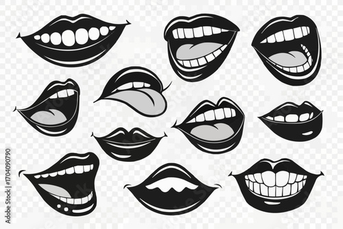 Collection of cartoon mouth expressions with various shapes and sizes in black and white colors