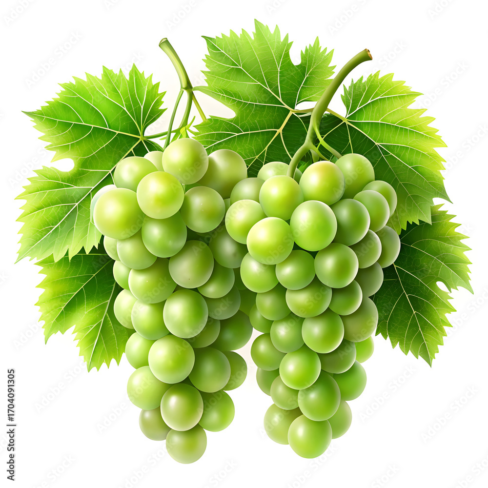 Obraz premium Two bunches of green grapes hanging with vibrant green leaves on a white background
