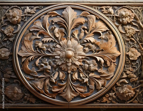 Ornate, detailed wood carving.  Circular, symmetrical design