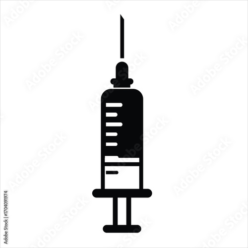 Black and white syringe isolated on white background for medical purposes, It represents healthcare, treatment, and the fight against diseases.