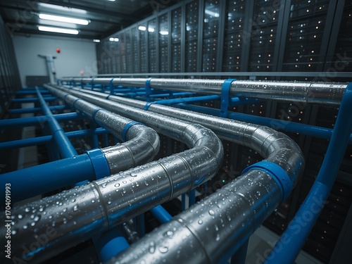 Closeup of server room cooling system with metal pipes and water droplets, showcasing the infrastructure and technology required for data center operations and efficient thermal management