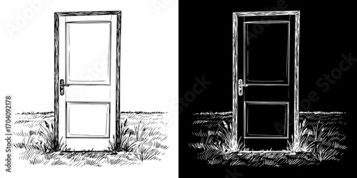 Closing door standing alone in a field, isolated vector image, two design options on transparent and black backgrounds, pencil drawing, chalk drawing