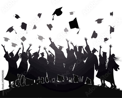 Silhouette of graduates throwing graduation caps in the air celebrating their academic achievements today
