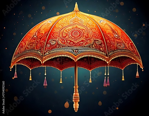 Ornate umbrella, rich orange and gold design, against a dark background