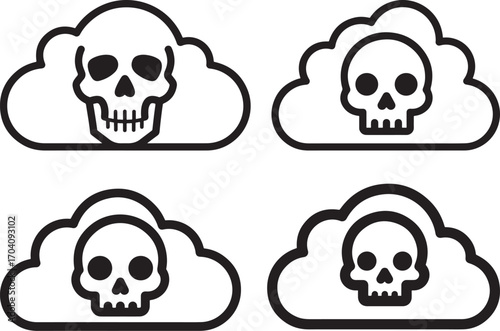 Four skull icons in cloud shapes silhouette