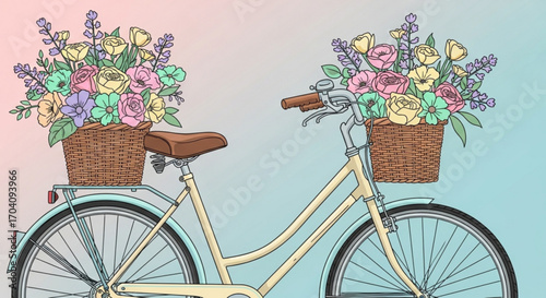 A charming bicycle adorned with baskets overflowing with colorful flowers, creating a whimsical and romantic scene perfect for spring or summer
