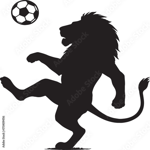 A black-and-white silhouette illustration showing a lion standing on its hind legs in a dynamic pose, appearing to play soccer. One front paw is raised toward a classic black-and-white soccer ball sus