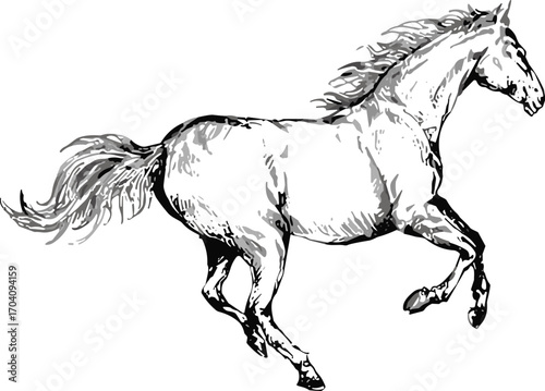 Black and white sketch of galloping horse, dynamic ink drawing, equine art in motion, vector for wildlife and nature content
