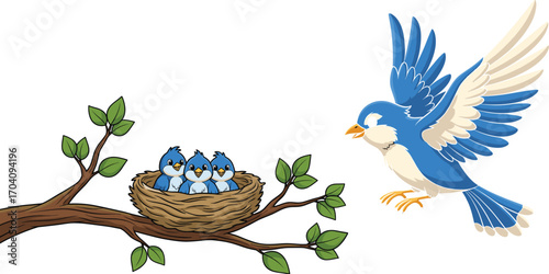 Cartoon bird family with flying parent and baby birds in nest on tree branch vector for nature, wildlife, and education design