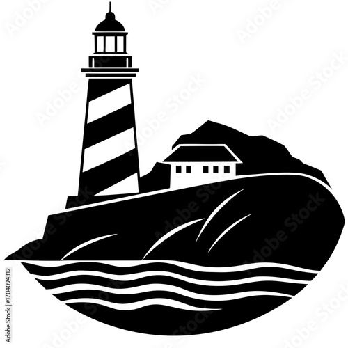 Black and white lighthouse on rocky outcrop above waves