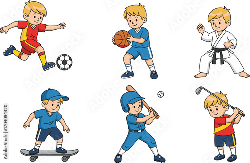 Cartoon boy playing soccer, basketball, martial arts, skateboarding, baseball, and golf vector set for children, sports, fitness, and education