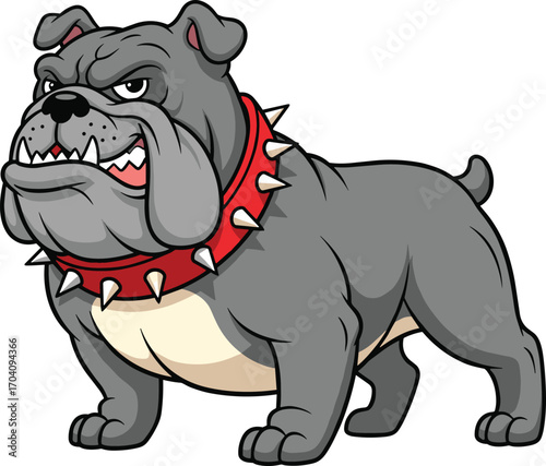 Cartoon bulldog with red spiked collar, muscular body, fierce expression, strong mascot character vector for protection, sports, and toughness design