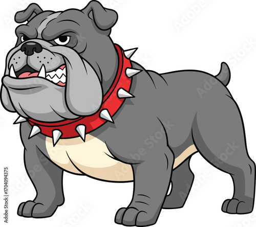 Cartoon bulldog with spiked red collar, muscular body, fierce face, aggressive stance, strong mascot character vector for sports and protection design