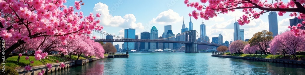 Obraz premium Pink blossoms frame iconic bridge Spring in Roosevelt Island , pastel, landscape