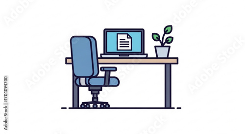Illustration of a modern office desk with a laptop displaying a document, a comfortable chair, and a potted plant