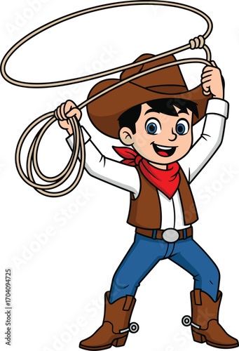 Cartoon cowboy boy holding lasso in action pose with hat, boots, neckerchief, smiling face, Western outfit, vector illustration