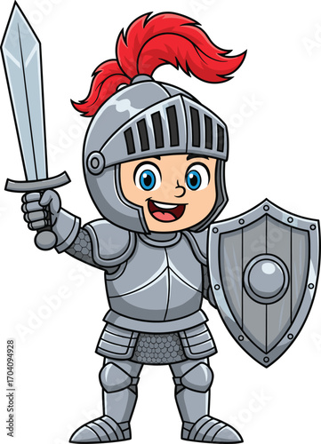 Cartoon medieval knight character in shiny armor with sword and shield, smiling warrior illustration for fantasy, history, and educational themes