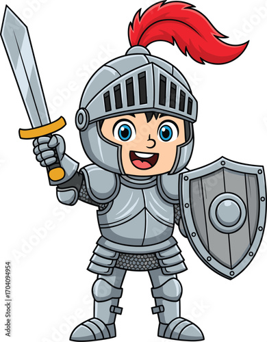 Cartoon medieval knight with sword and shield in shiny silver armor, cheerful character for fantasy, children’s content, games, and education