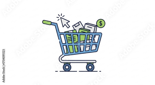 A shopping cart filled with boxes and a dollar coin, symbolizing online shopping, ecommerce, and digital transactions